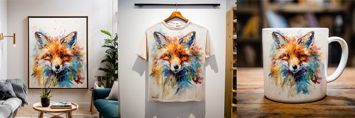 A fox art printed as a wall art, on a t-shirt and mug, created with Midjourney zoom out feature