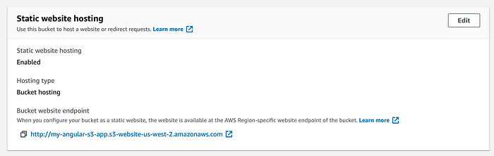 Captura de tela da área Static website hosting com a url criada