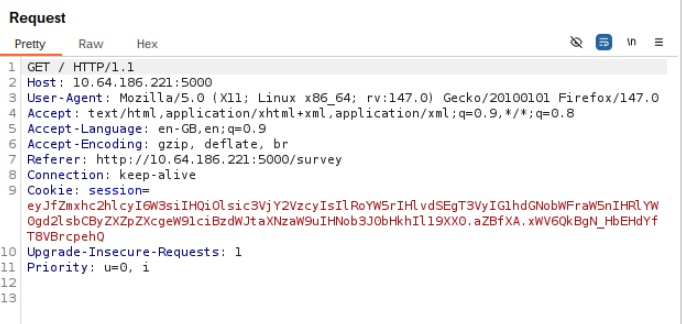 Request intercepted on Burpsuite showing the session cookie