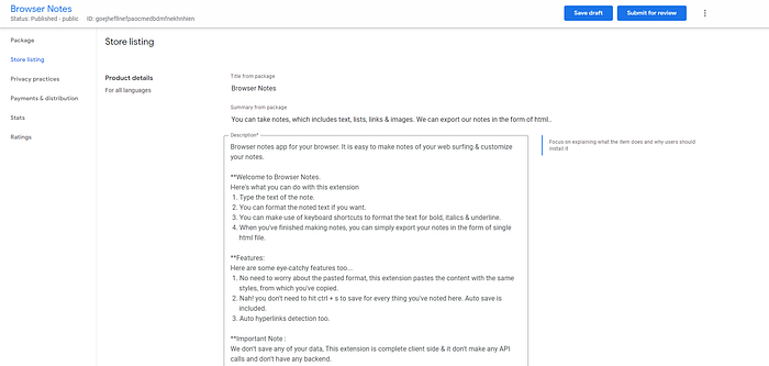 Store listing section in chrome webstore’s developers dashboard page for publishing chrome extension in chrome web store in 6 steps