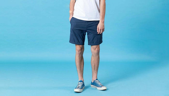 Man wearing blue shorts standing on a sky blue background