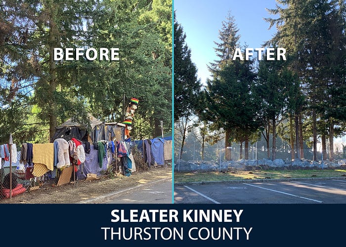 Photos of a homeless encampment in Thurston County before and after WSDOT worked to clear the site of debris and abandoned vehicles