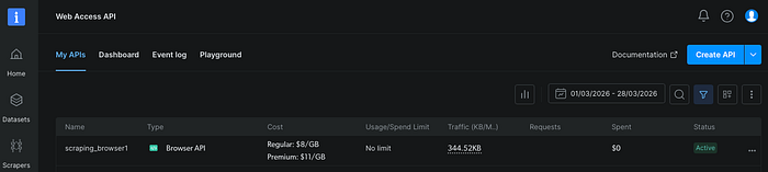 Bright Data dashboard with Browser API configured.