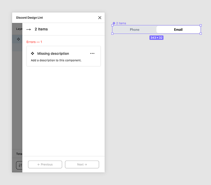 An image of the design lint plugin mentioned in the tutorial with a Figma component selected a warning being returned to the user saying the component needs a description.