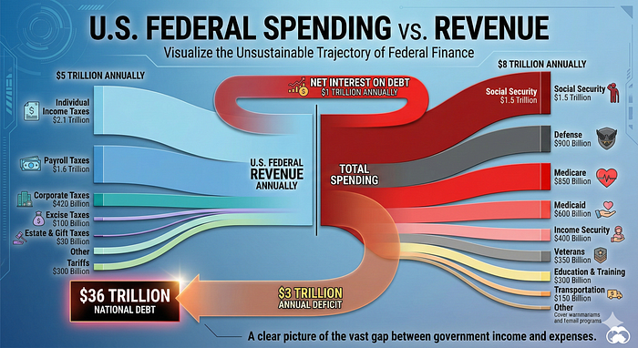 Infographic titled “U.S. Federal Spending vs. Revenue” showing annual federal revenue of about $5 trillion from sources such as individual income taxes, payroll taxes, corporate taxes, and tariffs flowing into total federal spending of about $8 trillion, including Social Security, defense, Medicare, Medicaid, veterans benefits, and other programs, highlighting a $3 trillion annual deficit, over $1 trillion in net interest on debt, and a $36 trillion national debt.