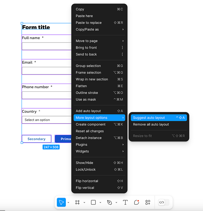 Apply suggested auto-layout to create a frame with a standard form in Figma