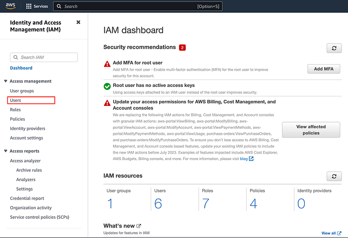 IAM dashboard