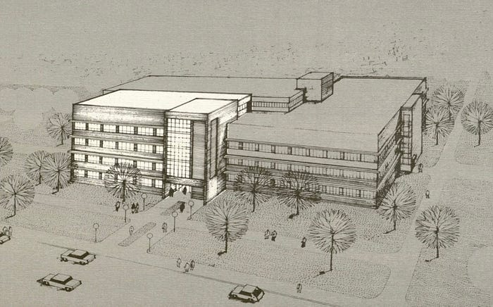 A rendering of a building showing a perspective view of a building addition.