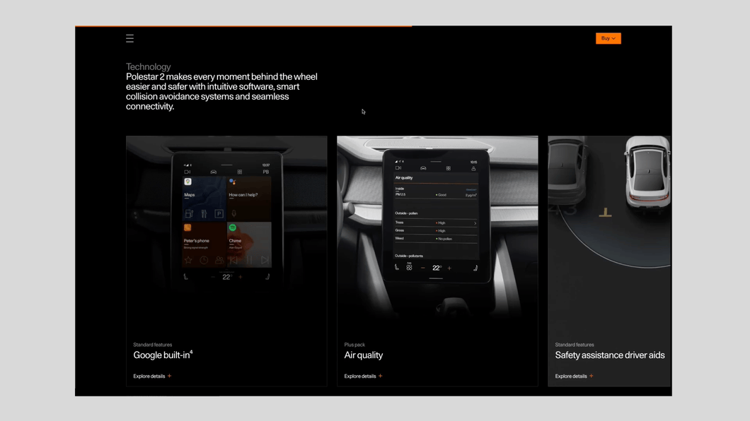 A screen recording of Polestar website, the technology section on the product detail page for Polestar 2. In the screen record, a mouse clicks one of the product features, Air quality, and it opens up an overlay panel including more details about the feature.