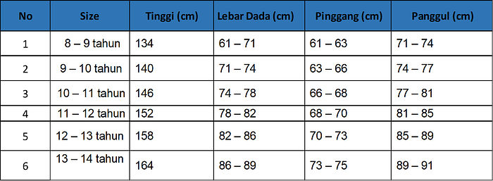 Ukuran Baju Anak Laki-laki usia 8–15 Tahun