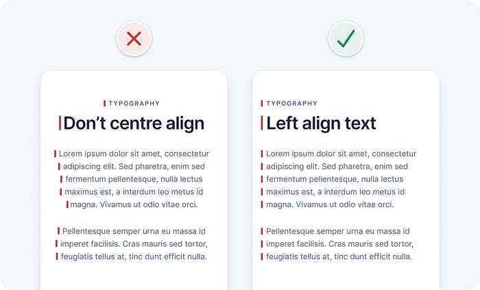 An example of centre aligned text vs left aligned text