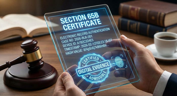 A futuristic digital tablet displaying a glowing Section 65B certificate with a holographic admissibility stamp and fingerprint authentication.
