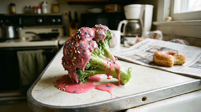 Visualizing the solution: “We have to season the vegetables… make the truth look as appetizing as the donut”. This literalizes the metaphor of making hard truths consumable.