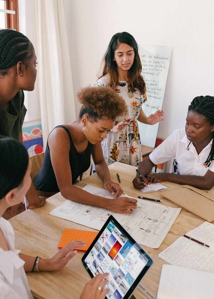 Five, diverse women stand around a table with a sketch of a device.