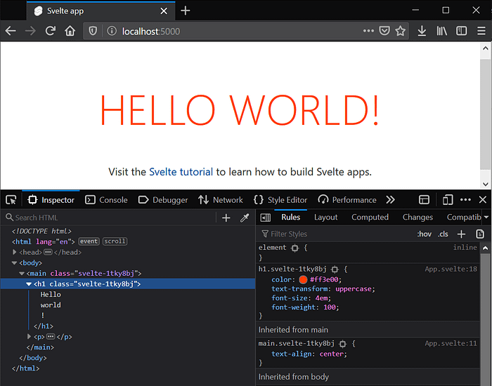 svelte displayin hello world