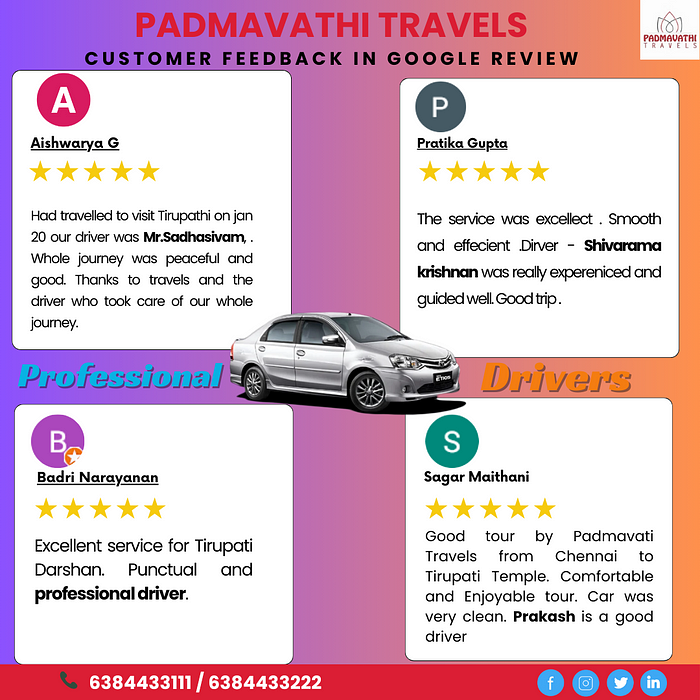 “Discovering Excellence: Padmavathi Travels from Chennai to Tirupati. Join us in exploring heartwarming customer experiences, professional drivers, and seamless journeys. Featuring tranquil trips with our skilled drivers, excellent service from Tambaram to Tirupathi, praise for smooth service, and an enjoyable tour experience. Witness our commitment to comfort and satisfaction. More on our Google Profile. Call to Action: Padmavathi Travels T. Nagar | Contact: +91 6384433111 / 6384433222