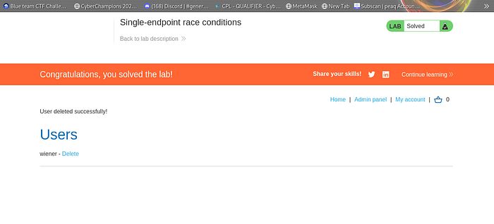 I successfully exploited a Race Condition vulnerability in the email change feature. The application fails to properly lock sessions during simultaneous updates, creating a small window of opportunity to swap my email with an administrative one. 🚀