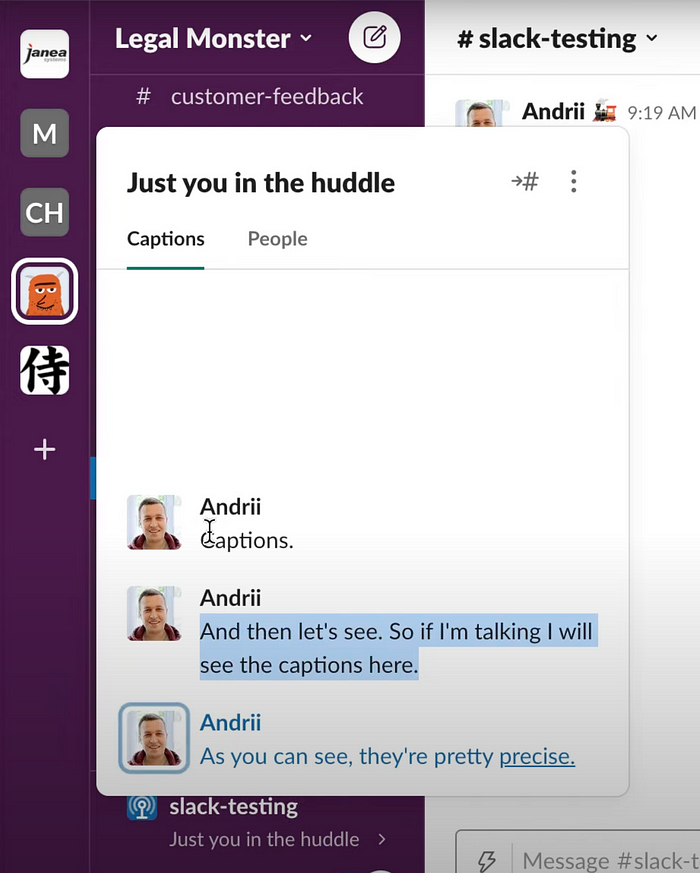 A screenshot of Captions being generated while using the Huddle feature in Slack.