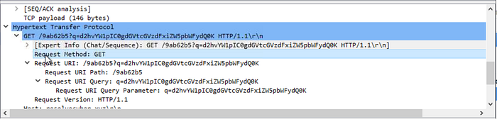 Wireshark packet details showing HTTP request method as GET.