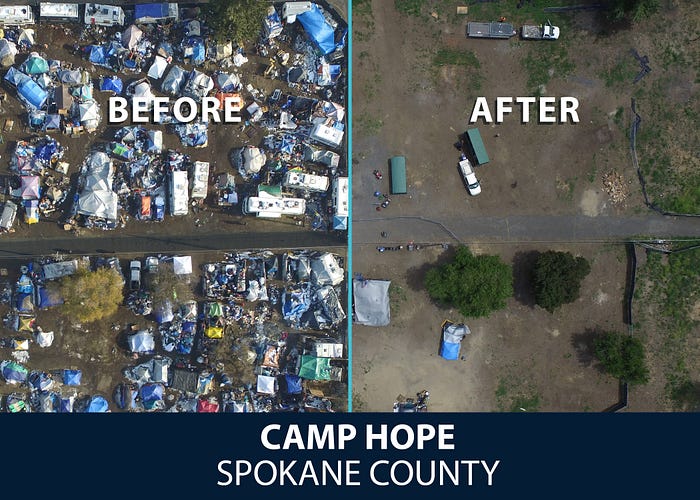 Aerial photos of Camp Hope in Spokane County before and after WSDOT worked to clear the site of debris and abandoned vehicles