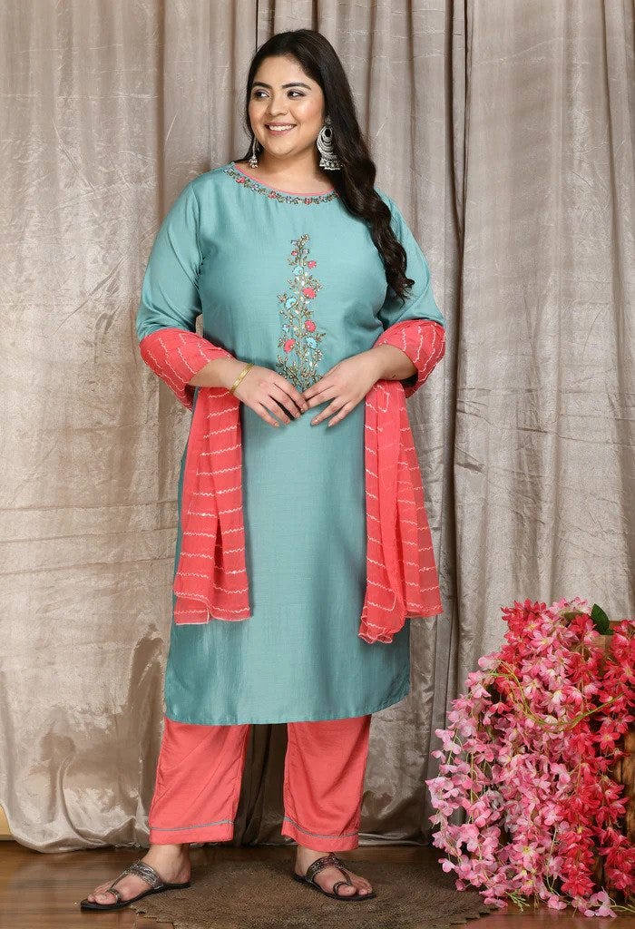 Green Colour Blocked Plus Size Winter kurta