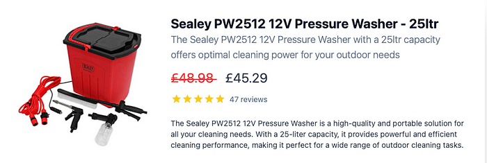 Sealey PW2512 25Ltr 12V Pressure Washer