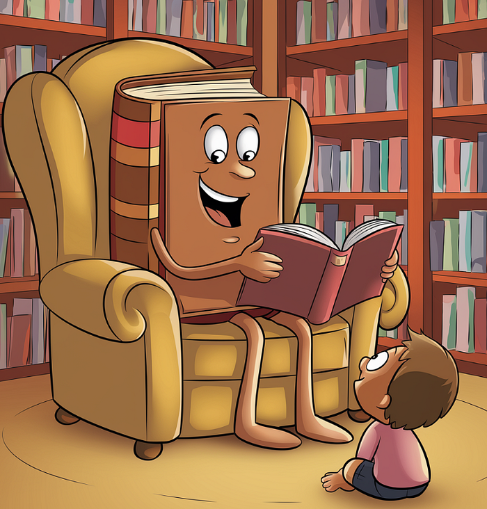Libro leyendo un libro a un niño — elaborado en la IA Ideogram