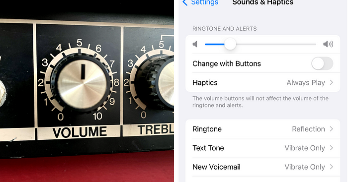 An analog volume dial from a guitar amplifier compared with the volume slider on an iPhone