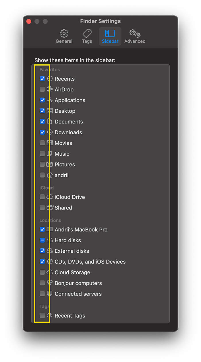 finder settings sidebar