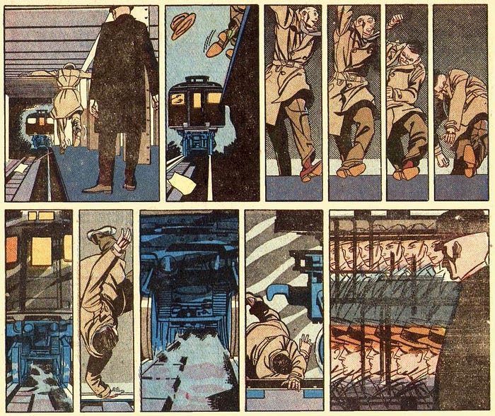 This a series of panels that is a perfect example of Bernard Krigstein???s style. The panels which show a man running away and eventually falling under a train are packed with all manner of stylistic innovations.