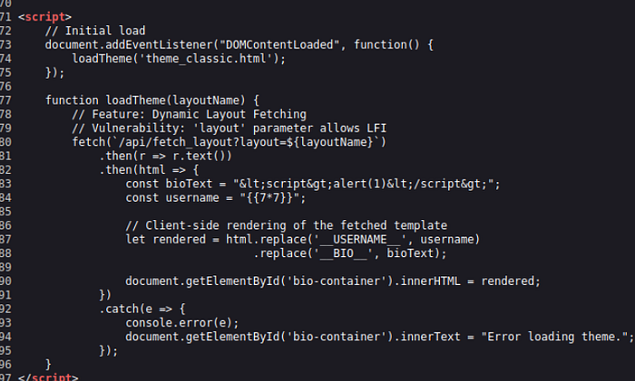source code of /profile page. A comment points out the LFI vulnerability