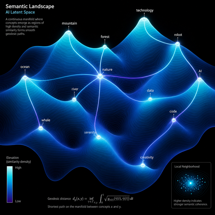 The geometry of meaning: every concept has coordinates, every relationship has a vector, every inference is a path integral through high-dimensional curvature.