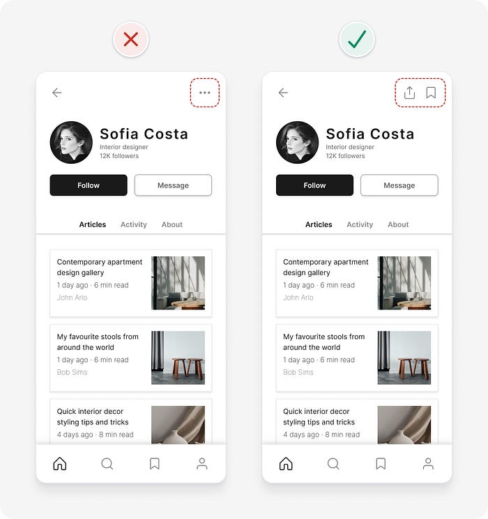 UI design tips example with hidden actions behind icon being made visible