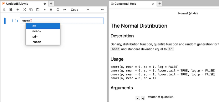 Screenshot of a Jupyter notebook interface with an open R code cell and a contextual help panel side by side. On the left side, the code cell is active with the incomplete R function call “rnorm(“ being typed, and an auto-completion tooltip showing the options “n=”, “mean=”, “sd=”. The tooltip also shows a repetition of the function name “rnorm”. On the right side, the contextual help panel shows the documentation for the rnorm function.