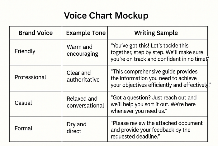 Mockup chart illustrating different brand voice tones, including friendly, professional, and casual.