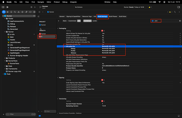 linking new Target “B” with b-Info.plist