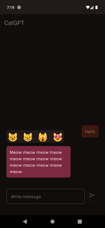 CatGPT-app with a message consisting of multiple ‘meow’s open. Above the message, there are four cat emojis: Grinning cat, grinning cat with smiling eyes, weary cat and smiling cat with heart eyes.