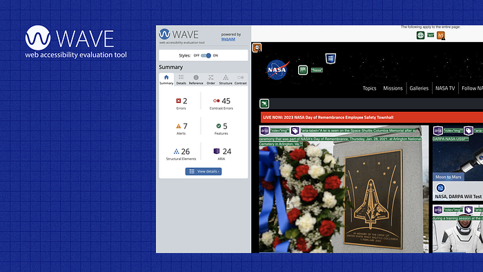 A screenshot of the WAVE accessibility evaluation tool Chrome Extension in use, evaluating the homepage of the NASA website.