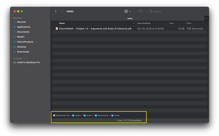 Apple Finder, path and storage bars