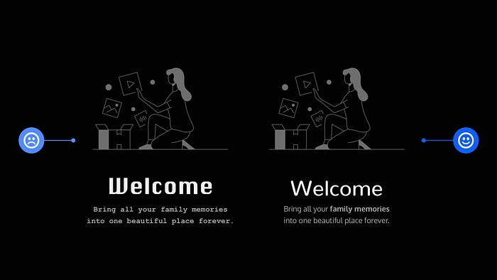 Two design examples. One with a title and paragraph not suited to the image alongside it, and the other with a better typeface choice