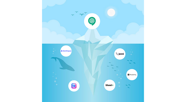 Imagem feita por si.  Um iceberg com o logotipo ChatGPT na parte superior e outras ferramentas de IA abaixo do nível da água.
