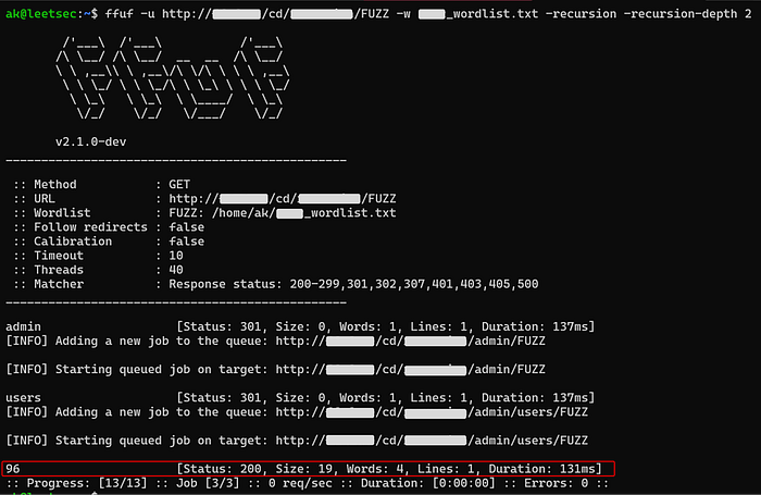 FFUF terminal output showing recursive scanning in action, automatically adding discovered directories to a new fuzzing queue.