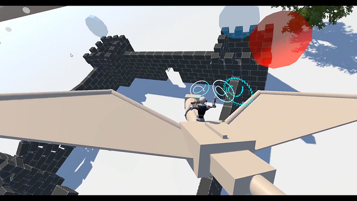 A robot rides on the shoulders of a legless dragon made out of tubes and boxes. He flies over a castle launching fireballs.