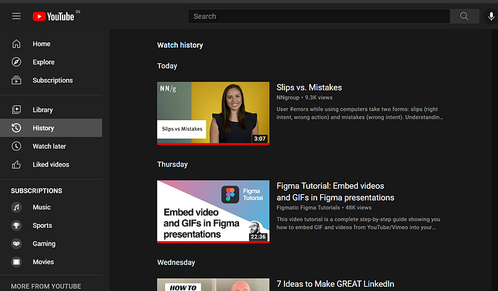 Youtube screenshot showing history