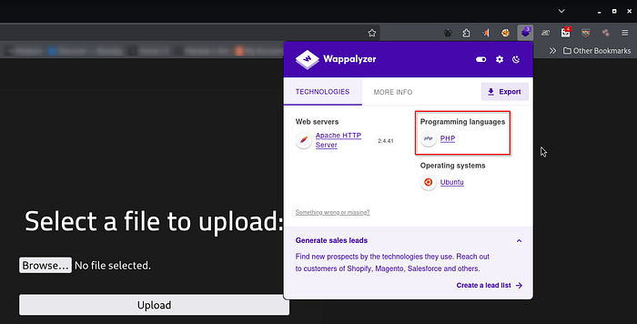 View of Wappalyzer extension showing PHP is the language used