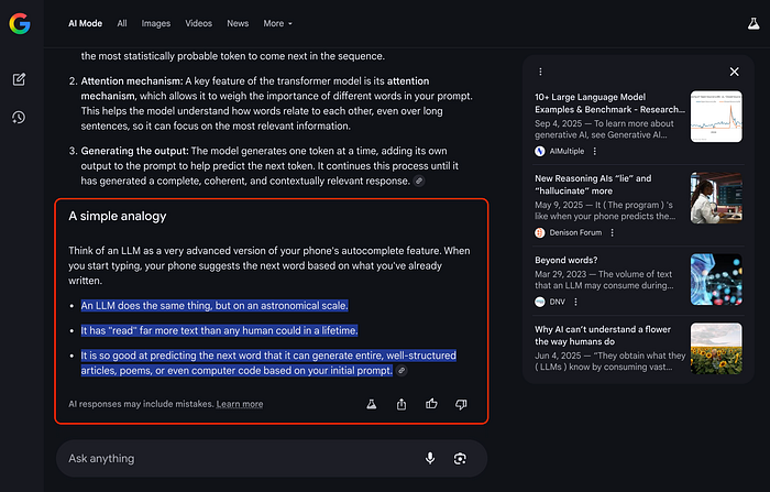 AI mode search result example. Image by Jim Clyde Monge
