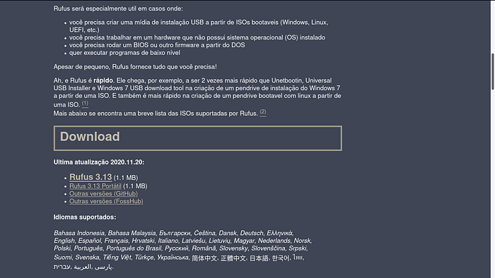 Site do Rufus — seção de download