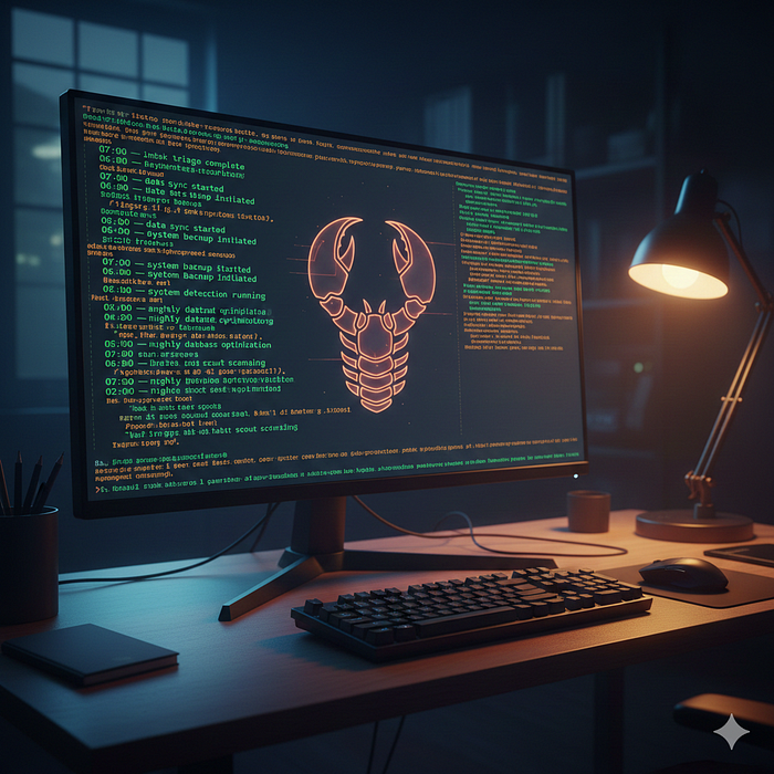 OpenClaw terminal showing automated cron job output with morning briefing and night scout timestamps — self-hosted AI assistant running 30 scheduled prompts
