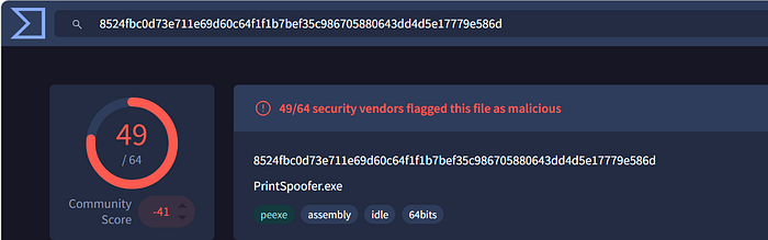 VirusTotal lookup for the hash of spf.exe, showing a tool called PrintSpoofer.exe.